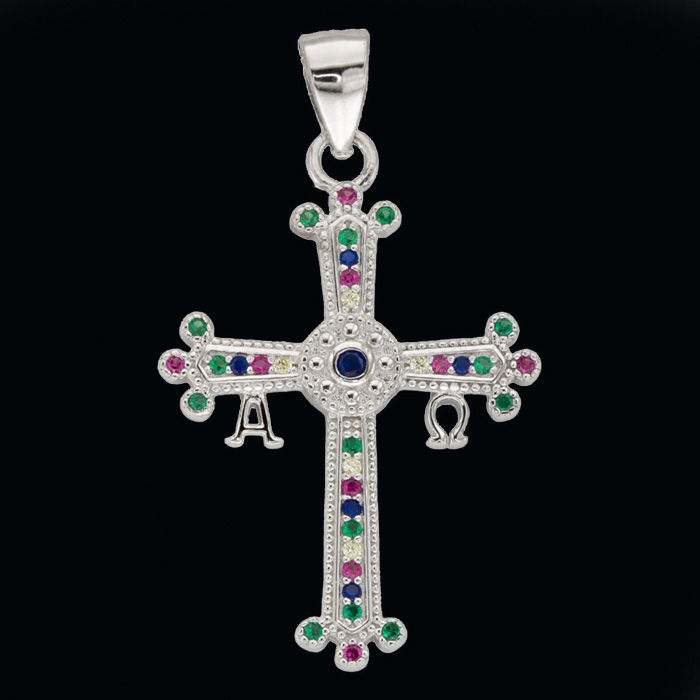 Imagen colgante Cruz de la Victoria plata con circonitas colores